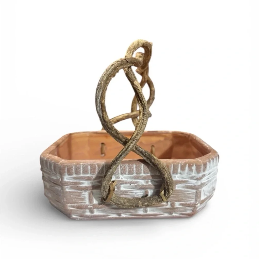 White Wash Basket Ceramic Rustic Terracotta With Real Vine Handles. 8x7x6